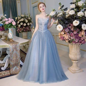 Chic Beautiful Evening Dresses 2017 Sky Blue A Line Princess Floor Length Long Strapless Sleeveless Backless Sash Appliques Flower Rhinestone Sequins Formal Dresses