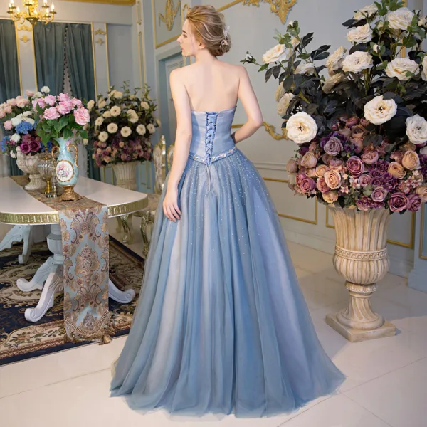 Chic / Beautiful Evening Dresses 2017 Sky Blue A-Line / Princess Floor-Length / Long Strapless Sleeveless Backless Sash Appliques Flower Rhinestone Sequins Formal Dresses