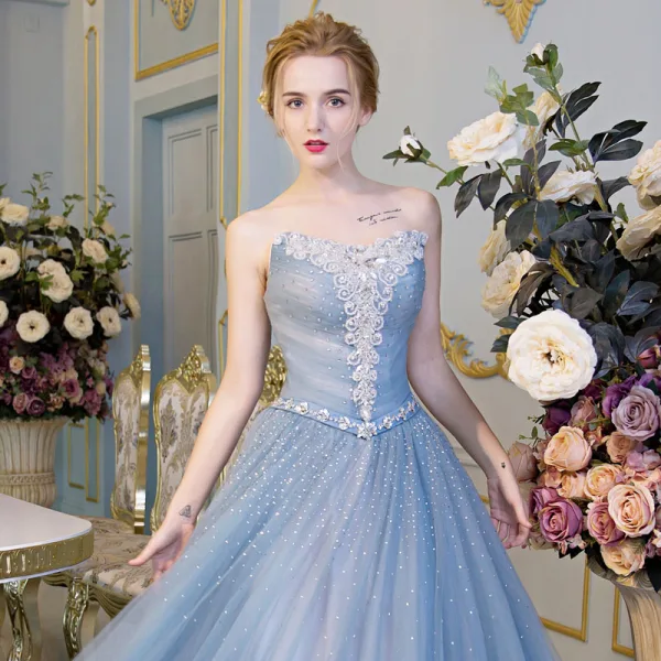 Chic / Beautiful Evening Dresses 2017 Sky Blue A-Line / Princess Floor-Length / Long Strapless Sleeveless Backless Sash Appliques Flower Rhinestone Sequins Formal Dresses