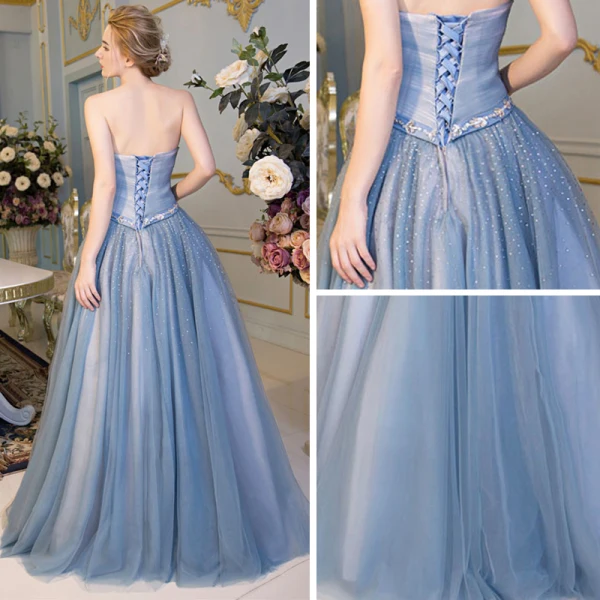 Chic / Beautiful Evening Dresses 2017 Sky Blue A-Line / Princess Floor-Length / Long Strapless Sleeveless Backless Sash Appliques Flower Rhinestone Sequins Formal Dresses