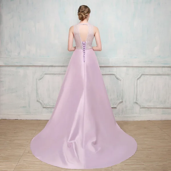 Unique Robe De Soirée 2017 Lilas Princesse Chapel Train Encolure Dégagée Sans Manches Dos Nu Faux Diamant Ceinture Perlage Paillettes Percé Robe De Ceremonie