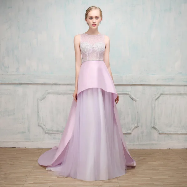 Unique Robe De Soirée 2017 Lilas Princesse Chapel Train Encolure Dégagée Sans Manches Dos Nu Faux Diamant Ceinture Perlage Paillettes Percé Robe De Ceremonie