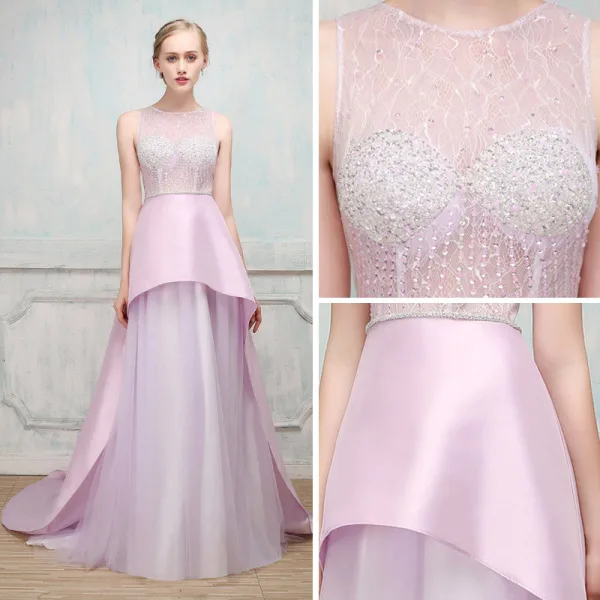 Unique Robe De Soirée 2017 Lilas Princesse Chapel Train Encolure Dégagée Sans Manches Dos Nu Faux Diamant Ceinture Perlage Paillettes Percé Robe De Ceremonie