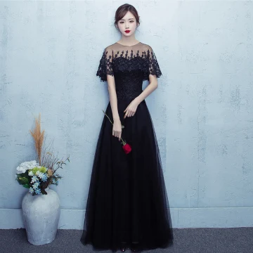 Chic Belle Robe De Bal 2017 Noire Longue Princesse Encolure Dégagée Manches Courtes Dos Nu En Dentelle Appliques Robe De Ceremonie