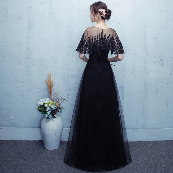 Chic / Beautiful Prom Dresses 2017 Black Floor-Length / Long A-Line / Princess Scoop Neck Short Sleeve Backless Lace Appliques Formal Dresses