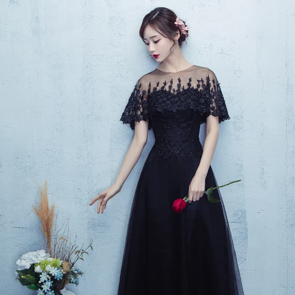 Chic / Beautiful Prom Dresses 2017 Black Floor-Length / Long A-Line / Princess Scoop Neck Short Sleeve Backless Lace Appliques Formal Dresses