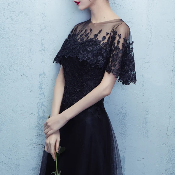 Chic / Beautiful Prom Dresses 2017 Black Floor-Length / Long A-Line / Princess Scoop Neck Short Sleeve Backless Lace Appliques Formal Dresses