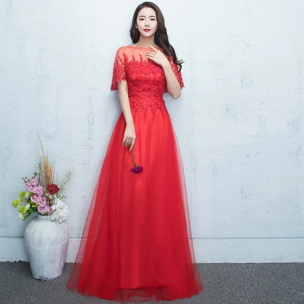 Chic / Beautiful Prom Dresses 2017 Black Floor-Length / Long A-Line / Princess Scoop Neck Short Sleeve Backless Lace Appliques Formal Dresses