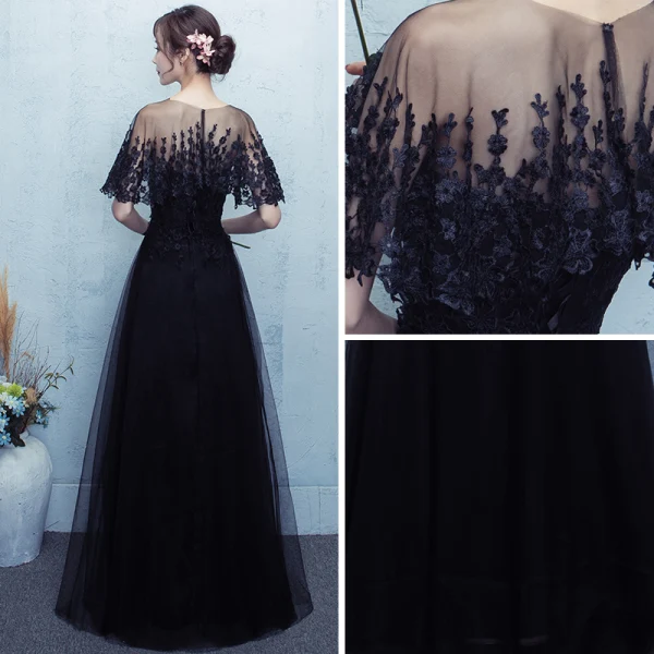 Chic / Beautiful Prom Dresses 2017 Black Floor-Length / Long A-Line / Princess Scoop Neck Short Sleeve Backless Lace Appliques Formal Dresses