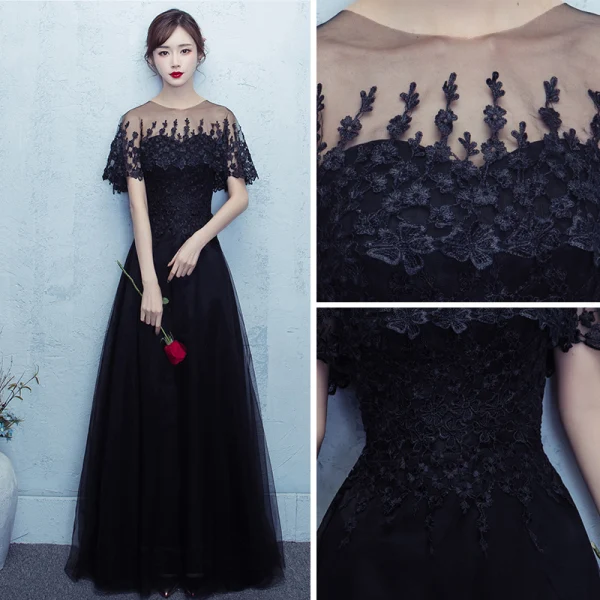 Chic / Beautiful Prom Dresses 2017 Black Floor-Length / Long A-Line / Princess Scoop Neck Short Sleeve Backless Lace Appliques Formal Dresses
