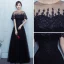 Chic / Beautiful Prom Dresses 2017 Black Floor-Length / Long A-Line / Princess Scoop Neck Short Sleeve Backless Lace Appliques Formal Dresses