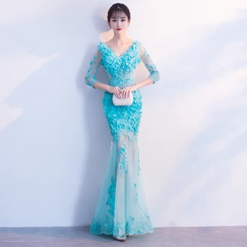 Moderne Mode Bleu Transparentes Été Robe De Soirée 2018 Trompette Sirène V Cou 3 4 Manches En Dentelle Appliques Fleur Perle Longue Volants Dos Nu Robe De Ceremonie