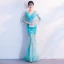 Modern / Fashion Pool Blue See-through Summer Evening Dresses  2018 Trumpet / Mermaid V-Neck 3/4 Sleeve Lace Appliques Flower Pearl Floor-Length / Long Ruffle Backless Formal Dresses