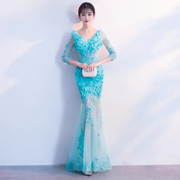Modern / Fashion Pool Blue See-through Summer Evening Dresses  2018 Trumpet / Mermaid V-Neck 3/4 Sleeve Lace Appliques Flower Pearl Floor-Length / Long Ruffle Backless Formal Dresses
