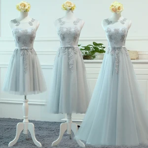 Chic Beautiful Grey See Through Bridesmaid Dresses 2018 A Line Princess Scoop Neck Sleeveless Appliques Lace Bow Sash Ruffle Backless Wedding Party Dresses