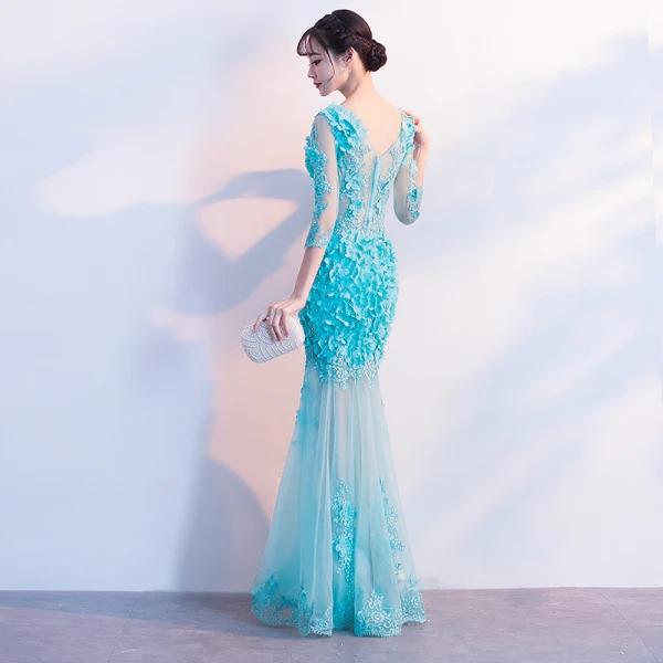 Modern / Fashion Pool Blue See-through Summer Evening Dresses 2018 Trumpet / Mermaid V-Neck 3/4 Sleeve Lace Appliques Flower Pearl Floor-Length / Long Ruffle Backless Formal Dresses