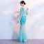 Modern / Fashion Pool Blue See-through Summer Evening Dresses  2018 Trumpet / Mermaid V-Neck 3/4 Sleeve Lace Appliques Flower Pearl Floor-Length / Long Ruffle Backless Formal Dresses