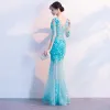 Modern / Fashion Pool Blue See-through Summer Evening Dresses  2018 Trumpet / Mermaid V-Neck 3/4 Sleeve Lace Appliques Flower Pearl Floor-Length / Long Ruffle Backless Formal Dresses