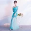 Modern / Fashion Pool Blue See-through Summer Evening Dresses  2018 Trumpet / Mermaid V-Neck 3/4 Sleeve Lace Appliques Flower Pearl Floor-Length / Long Ruffle Backless Formal Dresses