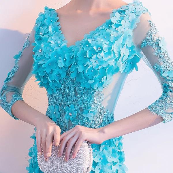 Modern / Fashion Pool Blue See-through Summer Evening Dresses 2018 Trumpet / Mermaid V-Neck 3/4 Sleeve Lace Appliques Flower Pearl Floor-Length / Long Ruffle Backless Formal Dresses