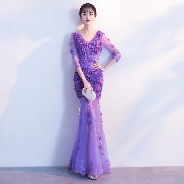 Modern / Fashion Pool Blue See-through Summer Evening Dresses 2018 Trumpet / Mermaid V-Neck 3/4 Sleeve Lace Appliques Flower Pearl Floor-Length / Long Ruffle Backless Formal Dresses