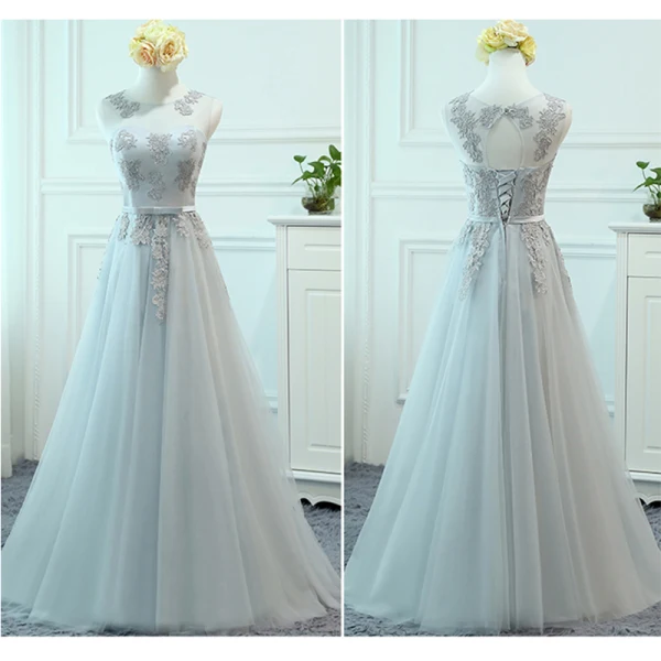Chic / Belle Gris Transparentes Robe Demoiselle D'honneur 2018 Princesse Encolure Dégagée Sans Manches Appliques En Dentelle Noeud Ceinture Volants Dos Nu Robe Pour Mariage