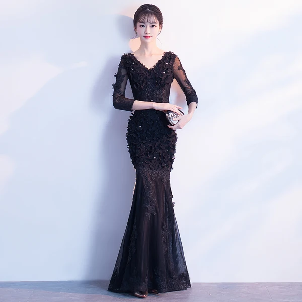 Modern / Fashion Pool Blue See-through Summer Evening Dresses 2018 Trumpet / Mermaid V-Neck 3/4 Sleeve Lace Appliques Flower Pearl Floor-Length / Long Ruffle Backless Formal Dresses