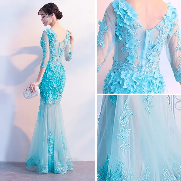 Modern / Fashion Pool Blue See-through Summer Evening Dresses 2018 Trumpet / Mermaid V-Neck 3/4 Sleeve Lace Appliques Flower Pearl Floor-Length / Long Ruffle Backless Formal Dresses