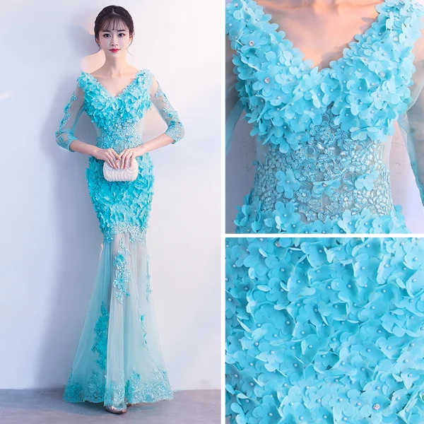Modern / Fashion Pool Blue See-through Summer Evening Dresses 2018 Trumpet / Mermaid V-Neck 3/4 Sleeve Lace Appliques Flower Pearl Floor-Length / Long Ruffle Backless Formal Dresses