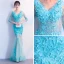 Modern / Fashion Pool Blue See-through Summer Evening Dresses  2018 Trumpet / Mermaid V-Neck 3/4 Sleeve Lace Appliques Flower Pearl Floor-Length / Long Ruffle Backless Formal Dresses