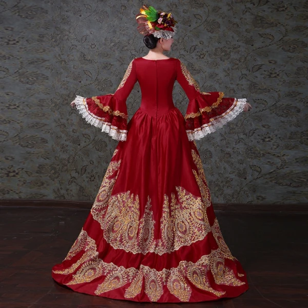 Vintage / Retro Medieval Red Ball Gown Prom Dresses 2021 V-Neck Zipper Up Long Sleeve 3D Lace Beading Embroidered Rhinestone Sequins Lace Satin High Low Sweep Train Prom Formal Dresses
