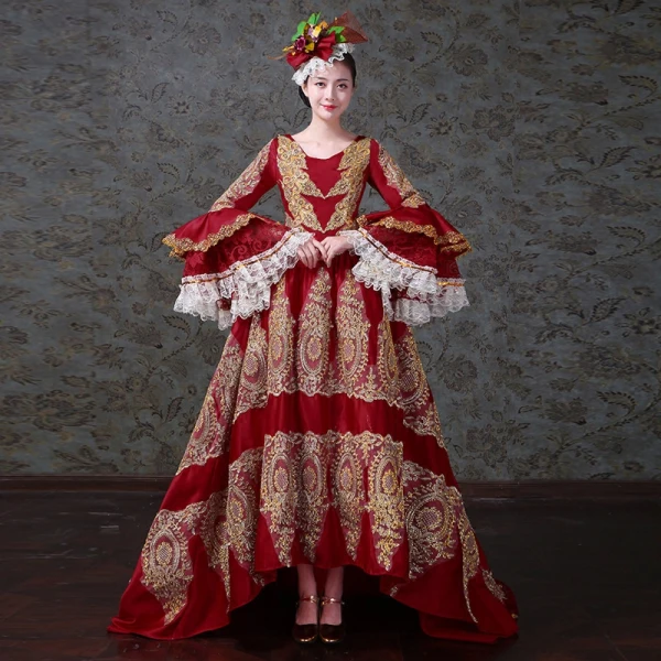 Vintage / Retro Medieval Red Ball Gown Prom Dresses 2021 V-Neck Zipper Up Long Sleeve 3D Lace Beading Embroidered Rhinestone Sequins Lace Satin High Low Sweep Train Prom Formal Dresses