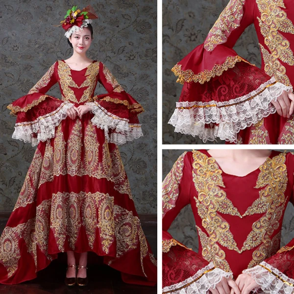 Vintage / Retro Medieval Red Ball Gown Prom Dresses 2021 V-Neck Zipper Up Long Sleeve 3D Lace Beading Embroidered Rhinestone Sequins Lace Satin High Low Sweep Train Prom Formal Dresses