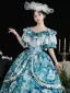 Vintage / Retro Medieval Ocean Blue Flower Prom Dresses 2024 Tassel Printing Floor-Length / Long U-Neck Cosplay A-Line / Princess Short Sleeve Ball Gown Prom Formal Dresses
