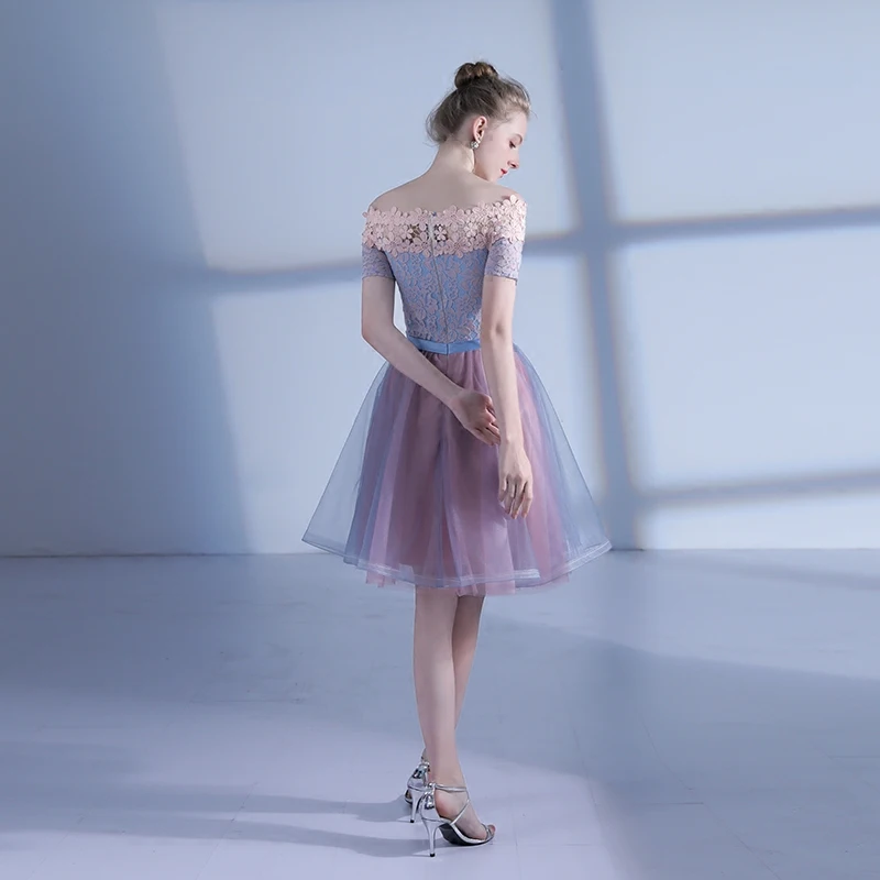 Chic Beautiful Homecoming Graduation Dresses 2017 Candy Pink Sky Blue Short  A Line Princess Off The Shoulder Short Sleeve Backless Lace Appliques  Formal Dresses
