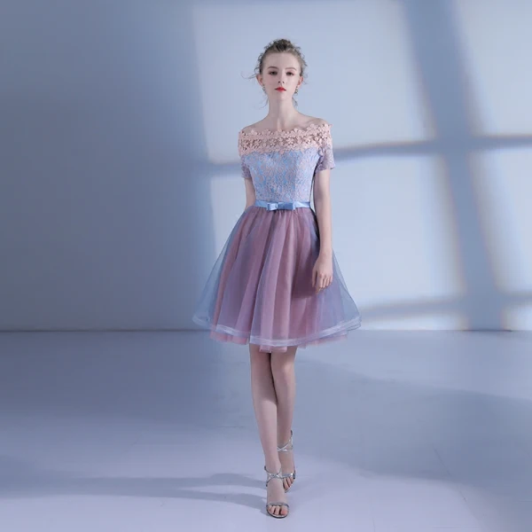Chic / Belle de retour Robe De Graduation 2017 Rose Bonbon Bleu Ciel Courte Princesse De l'épaule Manches Courtes Dos Nu En Dentelle Appliques Robe De Ceremonie