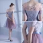 Chic / Belle de retour Robe De Graduation 2017 Rose Bonbon Bleu Ciel Courte Princesse De l'épaule Manches Courtes Dos Nu En Dentelle Appliques Robe De Ceremonie