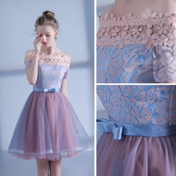 Chic / Belle de retour Robe De Graduation 2017 Rose Bonbon Bleu Ciel Courte Princesse De l'épaule Manches Courtes Dos Nu En Dentelle Appliques Robe De Ceremonie