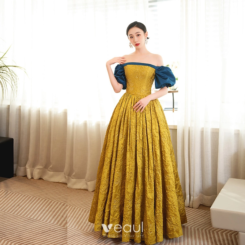 Formal Off-the-Shoulder Gold Lace Gown - Dress for the Wedding