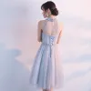 Modern / Fashion Homecoming Graduation Dresses 2017 Grey A-Line / Princess Knee-Length High Neck Pearl Sleeveless Backless Appliques Flower Formal Dresses