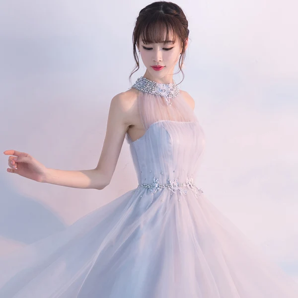 Modern / Fashion Homecoming Graduation Dresses 2017 Grey A-Line / Princess Knee-Length High Neck Pearl Sleeveless Backless Appliques Flower Formal Modern / Fashion Homecoming Graduation Dresses 2017 Grey A-Line / Princess Knee-Length High Neck Pearl Sleeveless Backless Appliques Flower Formal