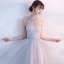 Modern / Fashion Homecoming Graduation Dresses 2017 Grey A-Line / Princess Knee-Length High Neck Pearl Sleeveless Backless Appliques Flower Formal Dresses