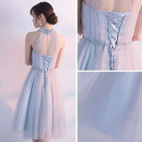 Modern / Fashion Homecoming Graduation Dresses 2017 Grey A-Line / Princess Knee-Length High Neck Pearl Sleeveless Backless Appliques Flower Formal Dresses