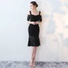 Chic / Beautiful Party Dresses 2017 Black Trumpet / Mermaid Knee-Length Off-The-Shoulder 1/2 Sleeves Backless Lace Tassel Formal Dresses