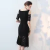 Chic / Beautiful Party Dresses 2017 Black Trumpet / Mermaid Knee-Length Off-The-Shoulder 1/2 Sleeves Backless Lace Tassel Formal Dresses