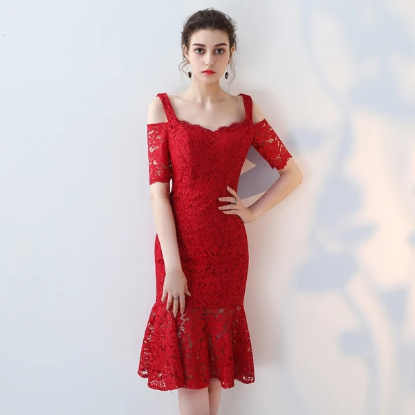 Chic / Beautiful Party Dresses 2017 Black Trumpet / Mermaid Knee-Length Off-The-Shoulder 1/2 Sleeves Backless Lace Tassel Formal Dresses