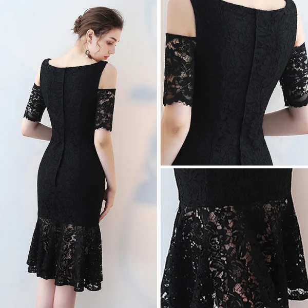 Chic / Beautiful Party Dresses 2017 Black Trumpet / Mermaid Knee-Length Off-The-Shoulder 1/2 Sleeves Backless Lace Tassel Formal Dresses