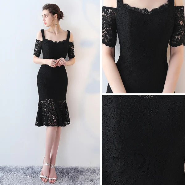 Chic / Beautiful Party Dresses 2017 Black Trumpet / Mermaid Knee-Length Off-The-Shoulder 1/2 Sleeves Backless Lace Tassel Formal Dresses