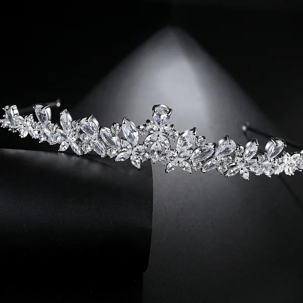 Modest / Simple Silver Rhinestone Tiara 2022 Zircon Alloy Wedding Bridal Hair Accessories