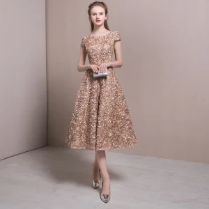 Chic Beautiful Homecoming Graduation Dresses 2017 Champagne A Line Princess Tea Length Scoop Neck Short Sleeve Backless Appliques Flower Metal Sash Formal Dresses